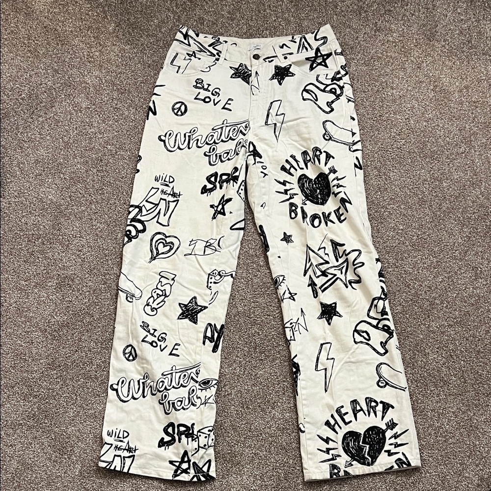 Forever 21 Premium - Graphic Print Straight Leg Jeans - Black and Cream